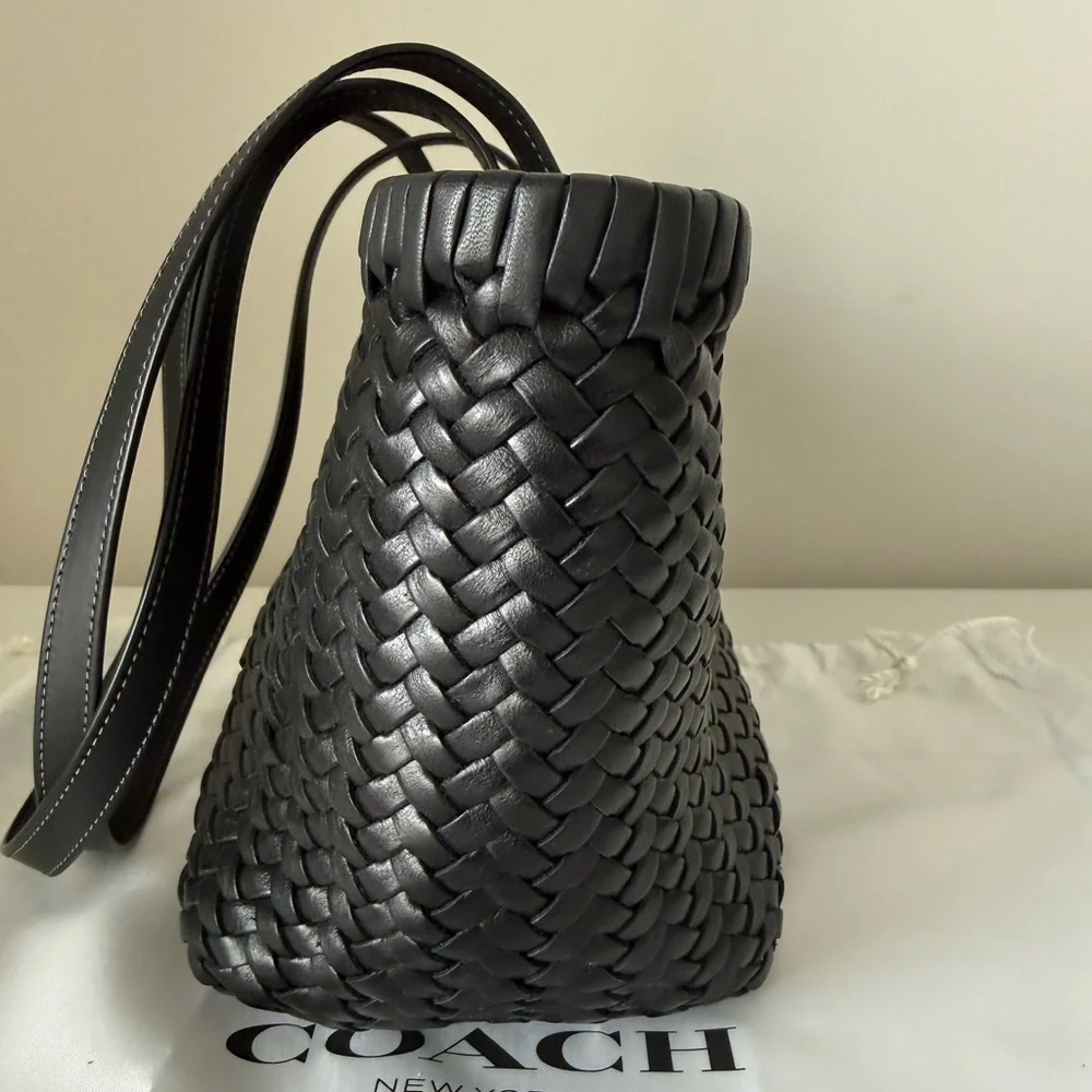 Coach Black Woven Leather Swing Tote - Picture 6 of 13
